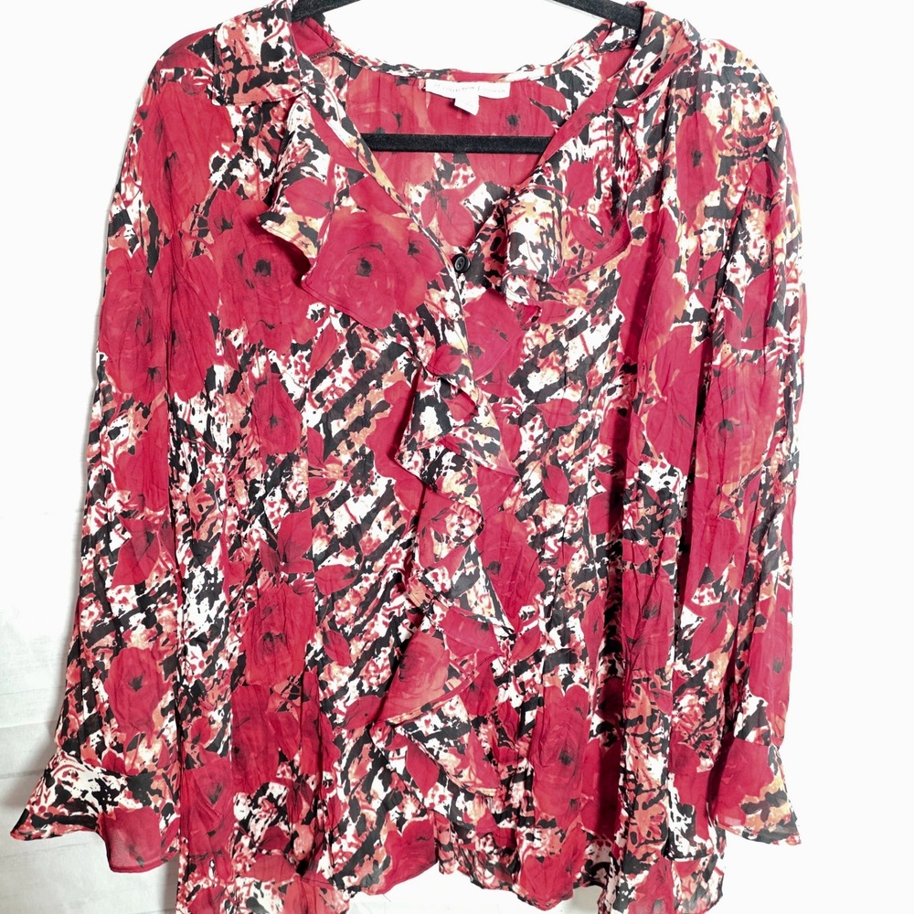 JM Collection Woman Top PLus Size 18W 18 W Red Floral Print Ruffle Blouse Shirt
